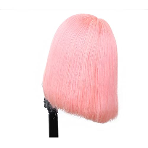 Silky Straight Pink Bob Wigs Brazilian Human Hair HD Transparent 13x4 Lace Front Wigs Virgin Hair 180% Density Pre Plucked with Baby Hair 10 Inch Bleached Knot Middle Part Pink Bob Wigs for Women