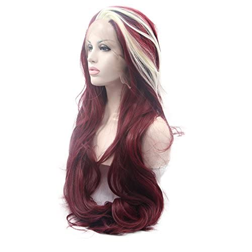 Melody Silver Red Mixed Color Ombre Synthetic Lace Front Wigs Natural Wave Heat Resistant Fiber Hair for Women 24''