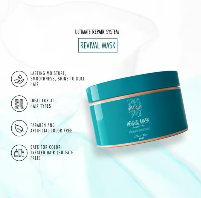 Hair Bar NYC Ultimate Hair Repair System Revival Hair Mask - Protein Repair Boost for Dry Damaged and Color Treated Hair Infused with Marine Keratin &amp Biotin 16.9oz 500ml