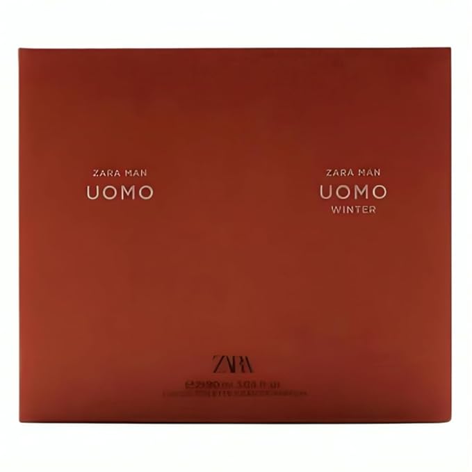 Zara Man Uomo + Uomo Winter Perfume for Men with Bergamot Nutmeg Amber Strawberry Leather and Vanilla Eau de Toilette &amp Eau de Parfum Set 2x90ml (3.04 FL. OZ)
