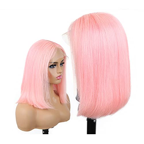 Silky Straight Pink Bob Wigs Brazilian Human Hair HD Transparent 13x4 Lace Front Wigs Virgin Hair 180% Density Pre Plucked with Baby Hair 10 Inch Bleached Knot Middle Part Pink Bob Wigs for Women