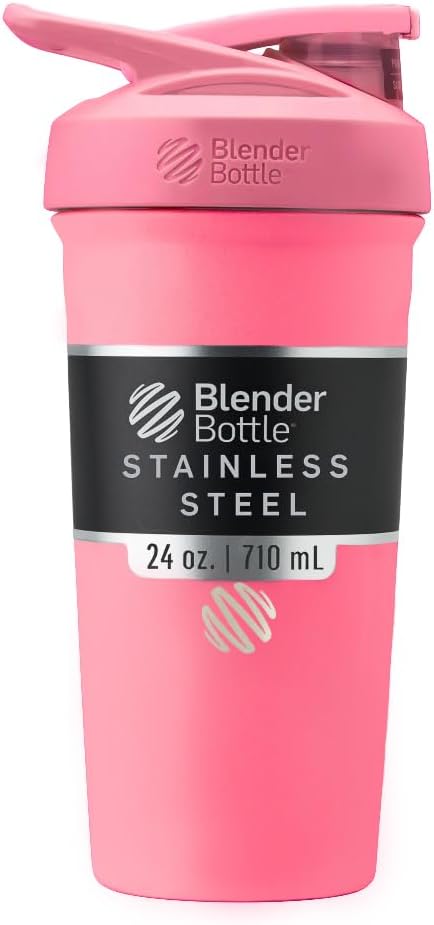 BlenderBottle Sport Insulated Stainless Steel Shaker Bottle with Wire Whisk 24-Ounce Pink ? Protein Shakes &amp Hydration for Athletes &amp Fitness Enthusiasts Easy Mixing Keeps Drinks Cold Loc