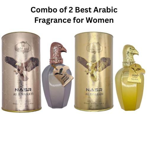 Nasr Arabic Perfume Gift Set for Women Al Dahabi and Al Emarati 3.4 FL OZ Each Duo with Oud Rose Saffron Patchouli Amber Musk Citrus Floral accords with Oriental Fragrance