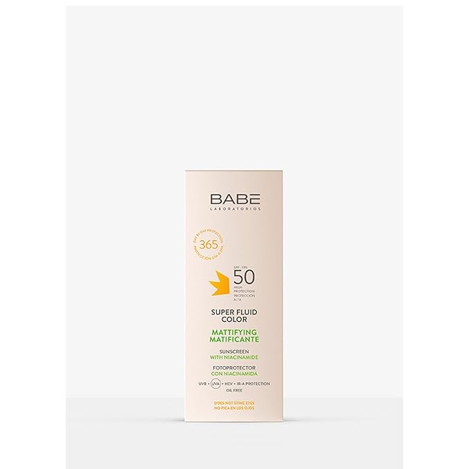 Babe Super Fluid Color Mattifying SPF 50 ? Tinted Facial Sunscreen for Oily Skin ? Oil-Free Lightweight Broad Spectrum UVA/UVB Protection ? With Niacinamide &amp Carnosine ? 50ml