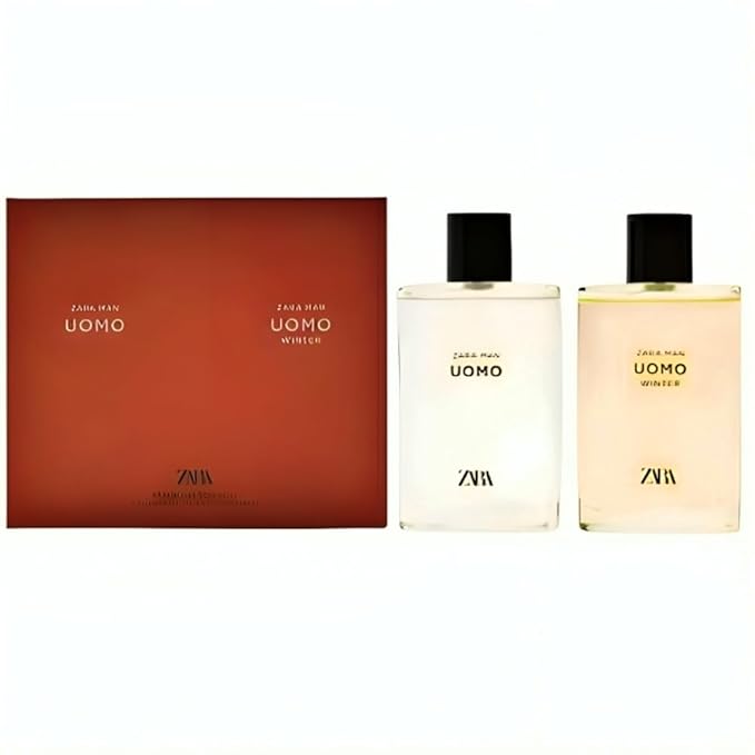 Zara Man Uomo + Uomo Winter Perfume for Men with Bergamot Nutmeg Amber Strawberry Leather and Vanilla Eau de Toilette &amp Eau de Parfum Set 2x90ml (3.04 FL. OZ)