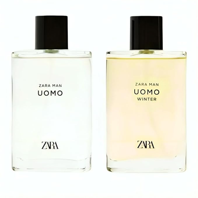 Zara Man Uomo + Uomo Winter Perfume for Men with Bergamot Nutmeg Amber Strawberry Leather and Vanilla Eau de Toilette &amp Eau de Parfum Set 2x90ml (3.04 FL. OZ)