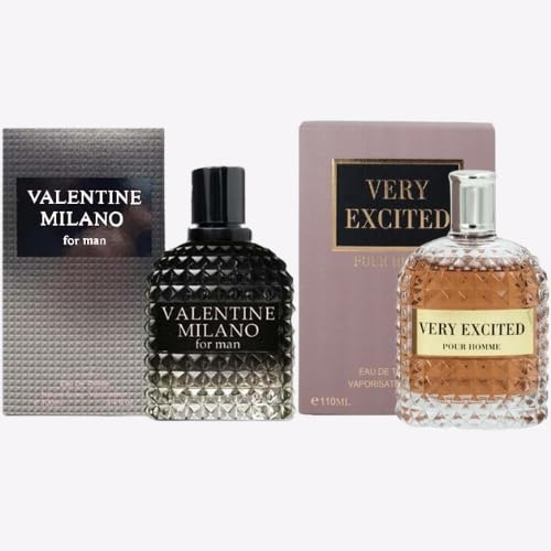 Valentine Milano &amp Very Excited Men's Cologne Set Eau De Toilette 3.4 Fl Oz Each Earthy Leathery Myrtle Coffee Cedar Leather Woody 2-Pack Gift Set for Men