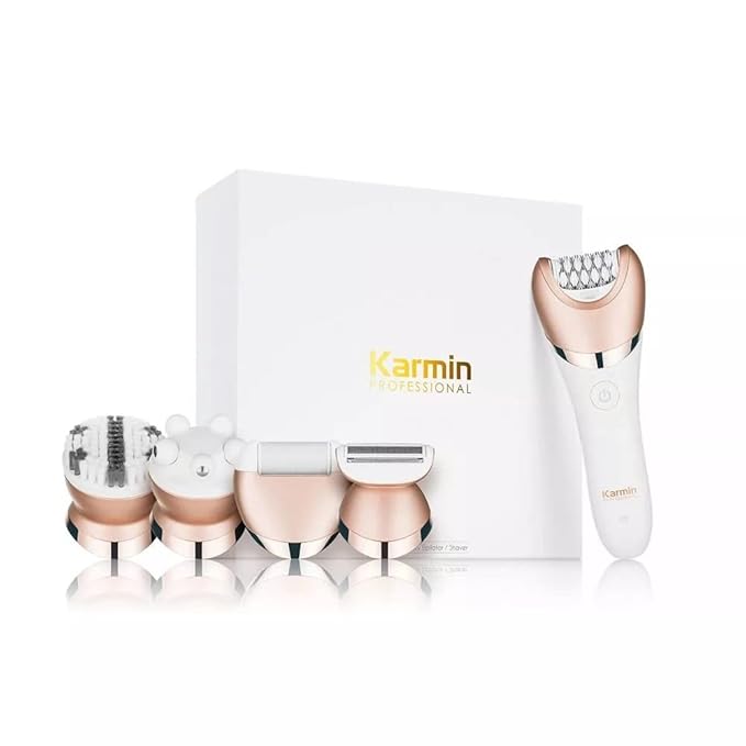 Karmin 5 in1 Wet Dry Epilator for Women Hair Removal Cordless Electric Shaver Trimmer Facial Body Arm Leg Hair Remover USB Rechargeable Waterproof Shave Exfoliate Smooth Buff Massage