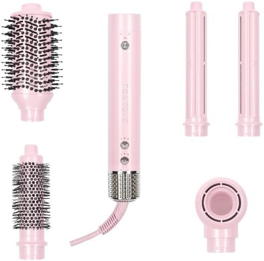 FoxyBae Super Styler Pro Interchangeable Hair Styler Wand Curling Iron Set - w/Drying Cylinder Ceramic Blowout &amp Round Brushes 2 Auto-Wrap Curlers - Frizz-Free Smooth Hair (Blush)