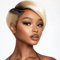 Side Part Black Human Hair Pixie Wigs HD Lace Front with Swept Bangs Short Curly Natural Color Glueless Cap for Women (Ombre Brown6 Inch)