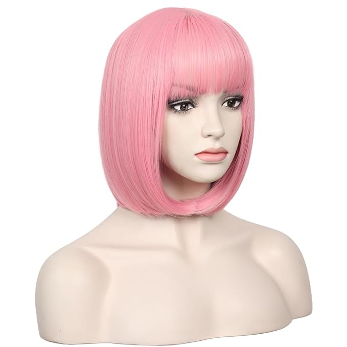 WildCos Short 12 Inches Straight Synthetic Cosplay Wig for Women (Light pink)