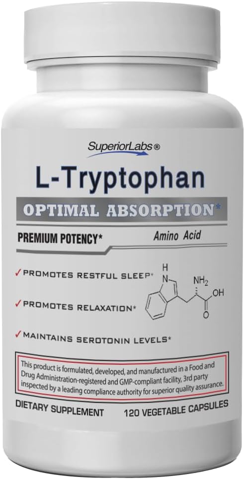 Superior Labs L-Tryptophan 500 mg Capsules Pure Non-GMO Amino Acid High Absorption Supports Sleep and Mood Helps with Occasional Stress PMS Support 120 Veg Caps