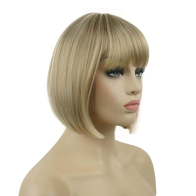 Lydell 8 Straight Short Bob Hair Flat Bangs Cute Central Dot Skin Top Heat Resistant Synthetic Wigs (15BT613 Blonde Mix)