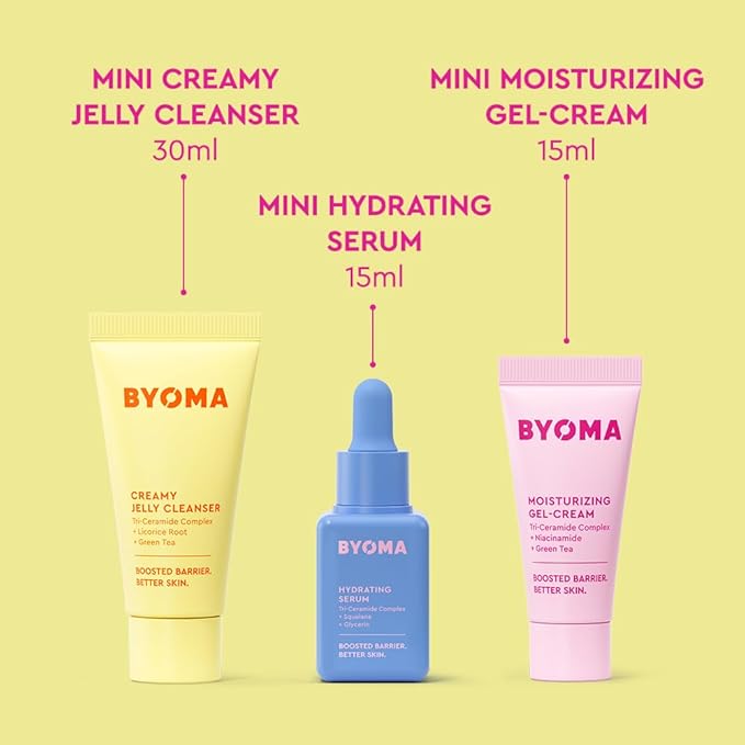 BYOMA So Hydrating Set - Barrier Repair Skincare Set - Creamy Jelly Cleanser Hydrating Face Serum &amp Ceramide Face Moisturizer for Dry Skin - Anti Wrinkle Alcohol Free Skin Care - 30ml 15ml 15m