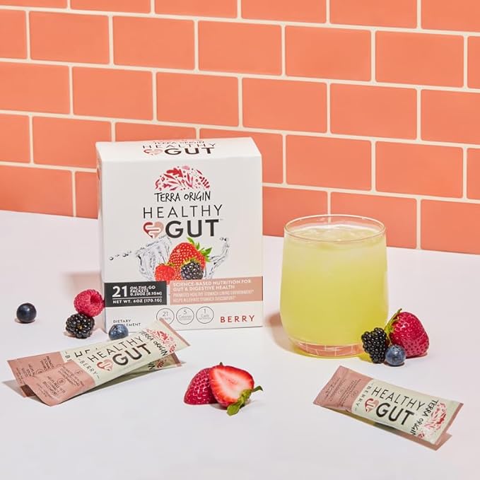 TERRA ORIGIN Healthy Gut Stick Packs L-Glutamine Slippery Elm Aloe Vera Licorice Root Extract Gut Health Digestive Support Leaky Gut Repair Immune Function On-The-Go 21 Ct Berry