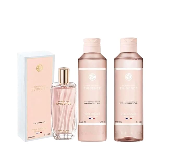 Yves Rocher Comme Une Evidence Perfume and Body Hair Shower Gel and Body Milk Set of 3 for Women 200 ml./6.7 fl.oz. and 100 ml./3.3 fl.oz.