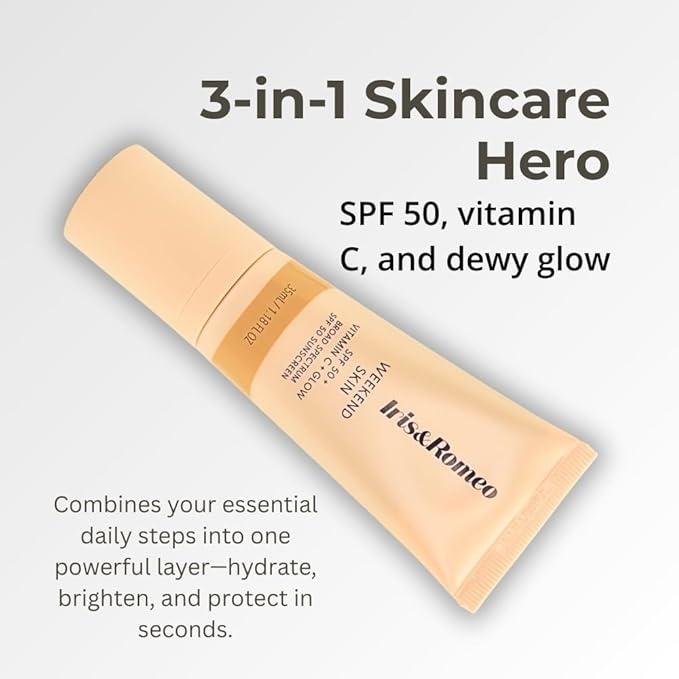 IRIS&ampROMEO Weekend Skin SPF 50 Instant Glow Tinted Mineral Sunscreen with Vitamin C + Niacinamide Full Size 1.18 Oz - Universal Glow (Sheer Luminosity)