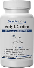 Superior Labs Acetyl L-Carnitine 500 mg High Potency ALCAR Pure Non-GMO Zero Synthetic Additives Maximum Absorption Energy &amp Fat Metabolism Brain Nerve &amp Cellular Detox Support (200 Ve