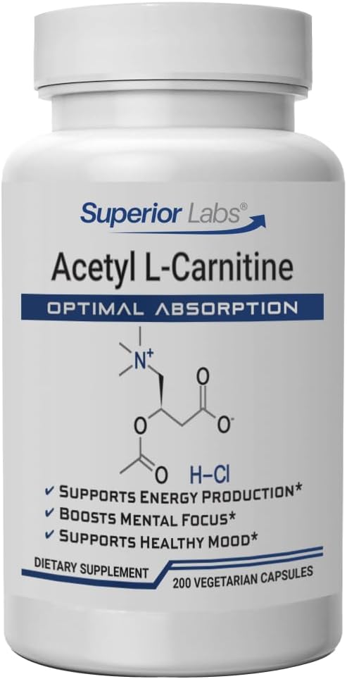 Superior Labs Acetyl L-Carnitine 500 mg High Potency ALCAR Pure Non-GMO Zero Synthetic Additives Maximum Absorption Energy &amp Fat Metabolism Brain Nerve &amp Cellular Detox Support (200 Ve