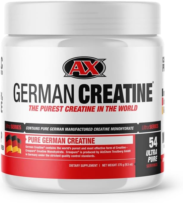 German Creatine - Micronized Creatine Monohydrate Powder 99.99% Pure Creapure for Muscle Growth Strength &amp Performance Supports Muscle Recovery 3rd Party Tested Unflavored - 270g (54 Servings