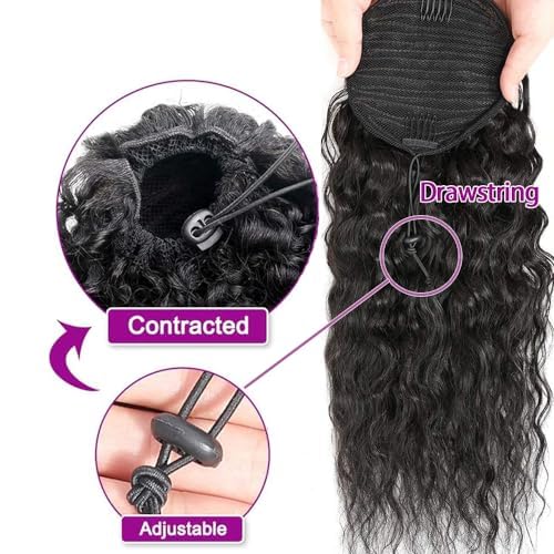 26 Inch Drawstring Human Hair Ponytail Extension Natural Black for Women Water Wave Pony tail Clip in Extensions Corn Wave Ponytail 100% Unprocessed Brazilian Human Hair