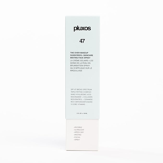 | PLUXOS 47 | SUNSCREEN + SKINCARE SPF 47 FACE MIST SPRAY (Unscented) | SUN DEFENSE COMPLEX CARE | Apply Over Makeup Broad Spectrum Clear Light Vegan Hydrate Fight Acne Anti-Aging Cell Repair