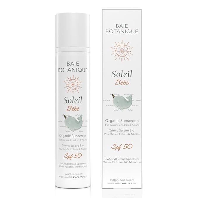 Baie Botanique Soleil B?b? - Organic Non-Toxic Mineral Baby Sunscreen SPF 50 - Sunflower &amp Jojoba - Unscented - Natural - Vegan - No White Cast - Reef Safe - UVA/UVB - 100g
