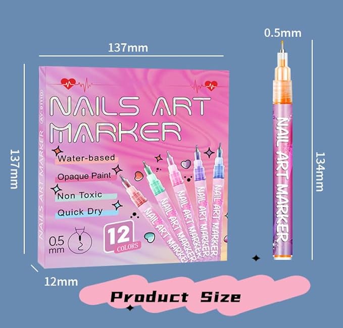 12 Colors Nail Art Pens Set for Painting Nails 0.5 MM Nail Art Markers Fine Tip Polish Pens for 3D Nail Art Nail Design Tools Gel Nails Doodle Pens for Drawing Point Liner (A- 1 Set)