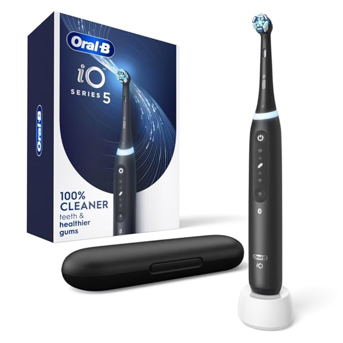 Oral-B iO Series 5 Rechargeable Electric Toothbrush with Visible Pressure Sensor to Protect Gums 2 Minute Timer 5 Cleaning Settings 1 Replacement Toothbrush Heads and Travel Case Black