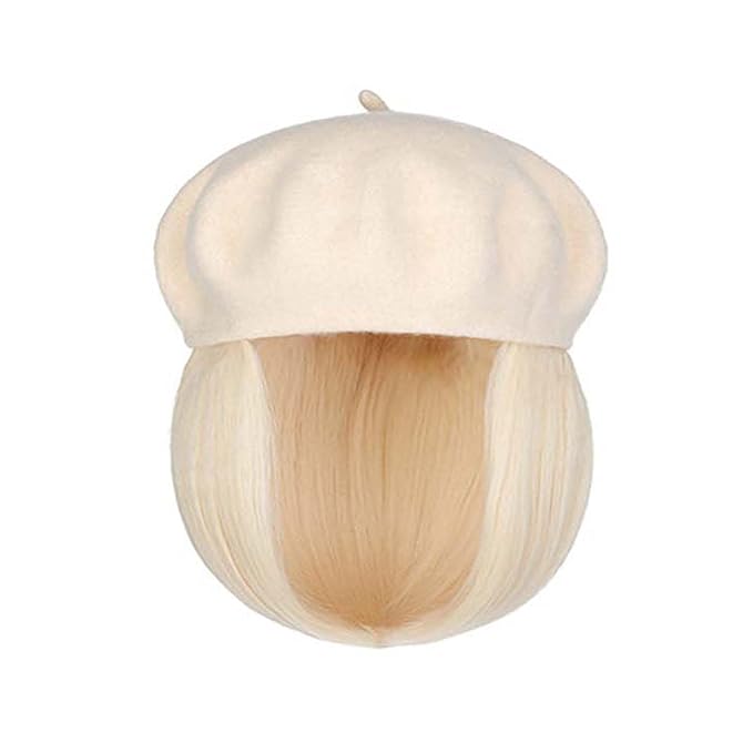 Hat Wig Beret Hat with Hair Extensions Classic French Wool Hat Straight Short Bob Hairpiece Women Bob Wig Hats