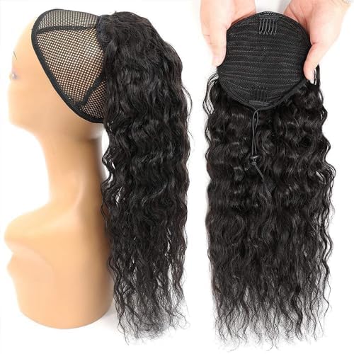 26 Inch Drawstring Human Hair Ponytail Extension Natural Black for Women Water Wave Pony tail Clip in Extensions Corn Wave Ponytail 100% Unprocessed Brazilian Human Hair