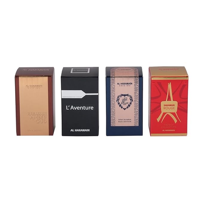 Al Haramain Fragrance Gift Set for Unisex ? 4×10ml Each (Amber Oud Gold Edition + L'aventure + Azlan Oud Bleu Edition + Rouge)