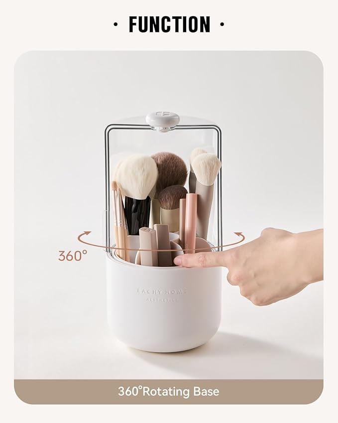 EACHY Makeup Brush Holder 360° Rotating with Dustproof Lid Waterproof Material 7 Compartments for Organized Storage Stylish and Durable Design for Vanity (White)