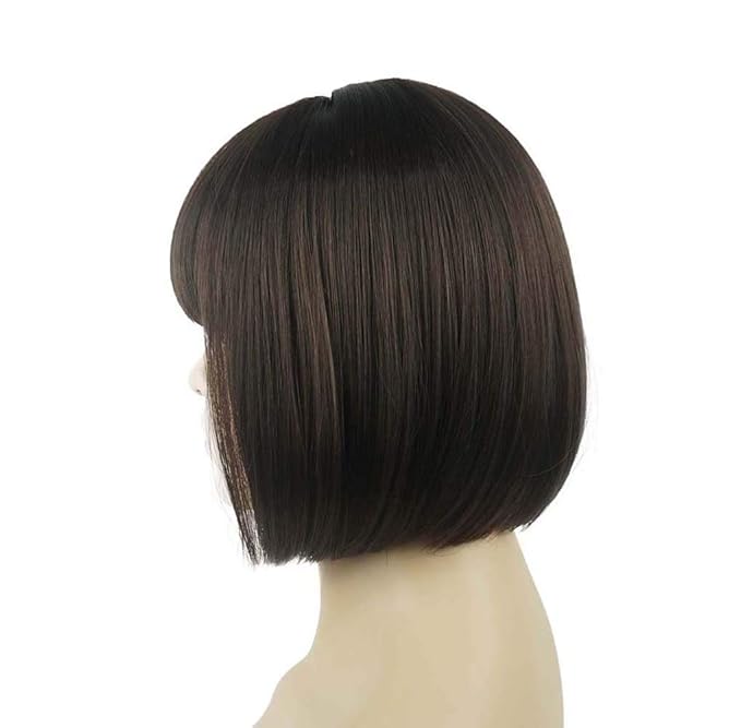 Lydell 8 Straight Short Bob Hair Flat Bangs Cute Central Dot Skin Top Heat Resistant Synthetic Wigs (6 Chestnut Brown)