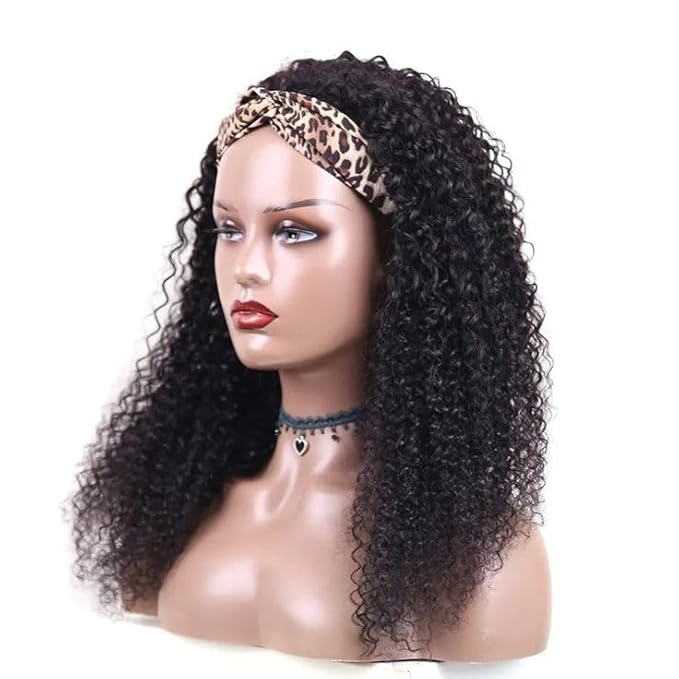 Headband Wig Human Hair 180% Density Kinkycurly Headband Wigs Glueless Curly Human Hair Wig for Women Natural Color 18 Inch