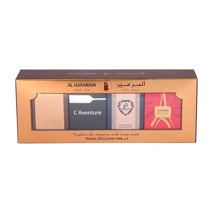 Al Haramain Fragrance Gift Set for Unisex ? 4×10ml Each (Amber Oud Gold Edition + L'aventure + Azlan Oud Bleu Edition + Rouge)