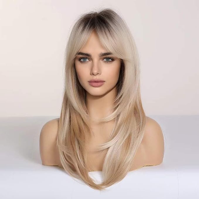Heat Resistant Wigs Human Hair Mixed Synthetic Long Layered Black Blonde Highlights with Bangs for Women Party Cosplay