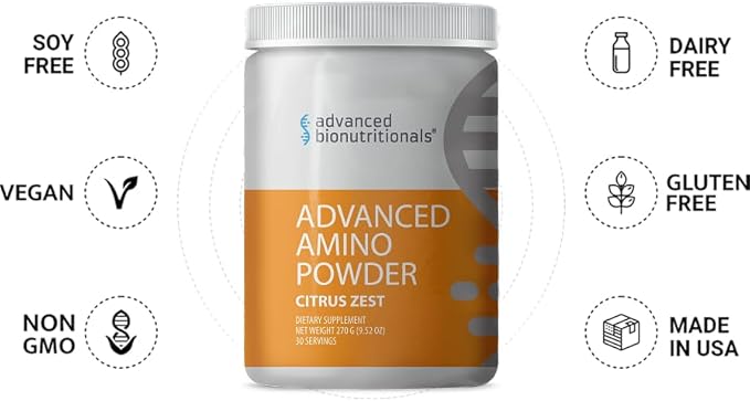 Advanced Bionutritionals ? Advanced Amino Powder Amino Acid Supplement Build Muscle Post Workout Recovery EnergyNon-GMO Gluten Free Dairy Free Vegan (30 Servings) (9.52oz Citrus Zest)