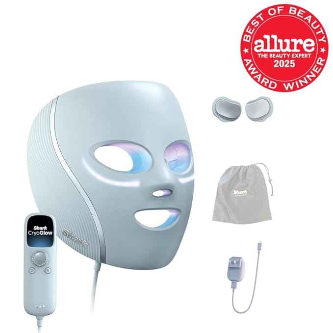 Shark CryoGlow LED Face Mask with Under-Eye Cooling Anti-Ageing &amp Blemish Repair Red &amp Blue LED Infrared Light Therapy USB-C Remote Control Storage Bag Blue Frost FW312