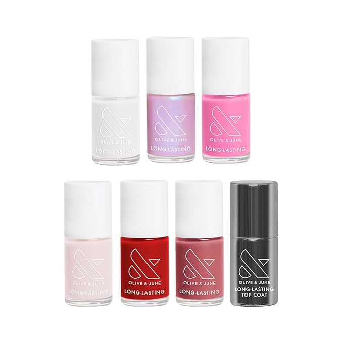 Olive &amp June Long Lasting Nail Polish Set | Includes 6 Chip-Resistant Shades (Pink Goldfish HD Grateful &amp Kind CCT LD CV) + Top Coat | Vegan Cruelty-Free | Salon-Quality at Home