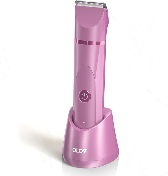OLOV Electric Body Hair Trimmer - Groin Trimmer for Men - Bikini Trimmer Women - Wet/Dry Shaver Groomer Replaceable Ceramic Blade Heads USB Recharge Dock Waterproof Hygiene Razor Pink