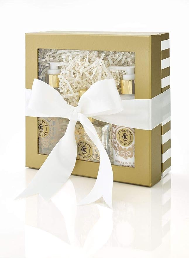 De Ma Mere Complete Gift Set Includes Hydrating Body Lotion Foaming Bath Gel And Perfume Packaged in Beautiful Cream and Gold Gift Box with Ribbon