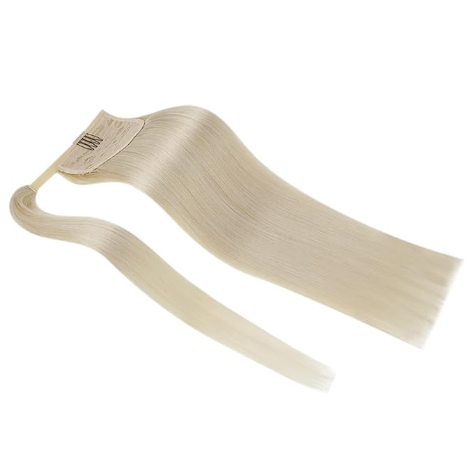 Full Shine Human Hair Ponytail Extension Platinum Blonde Ponytail Extension Blonde Human Hair Straight Remy For Women 70 Grams 14 Inch