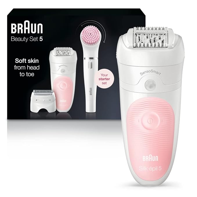 Braun SE5-895 Epilator Hair Removal Device Epilator for Women Includes Shaver and Facial Cleansing Exfoliator Brush Attachments Waterproof Cordless and Rechargeable