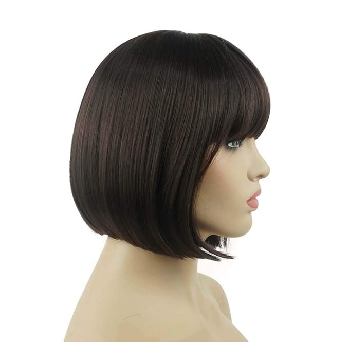 Lydell 8 Straight Short Bob Hair Flat Bangs Cute Central Dot Skin Top Heat Resistant Synthetic Wigs (6 Chestnut Brown)