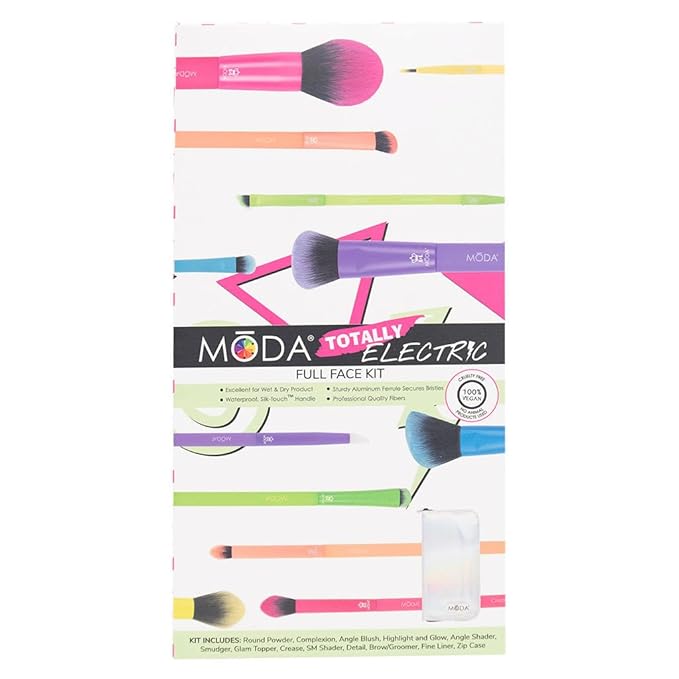 Moda Totally Electric 13pc Full Face Makeup Brush Set ? Bold Colorful Vegan Brushes for Face &amp Eye Makeup Blending Contouring and More