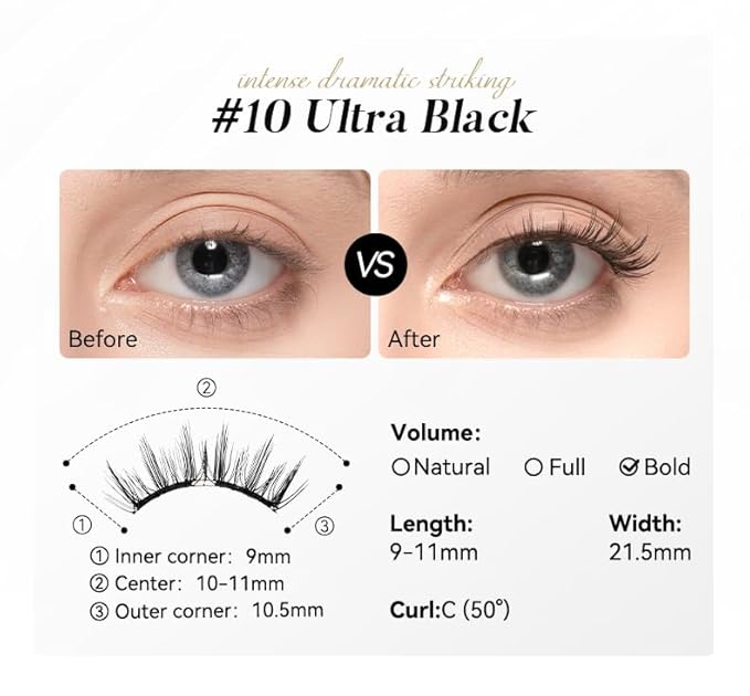 WOSADO Magnetic Eyelashes with Applicator Kit [V10 Ultra Black] 21.5mm Reusable Magnetic Lashes without Eyeliner Glue-free False Lashes Waterproof Lightweight Suit for Natural Makeup