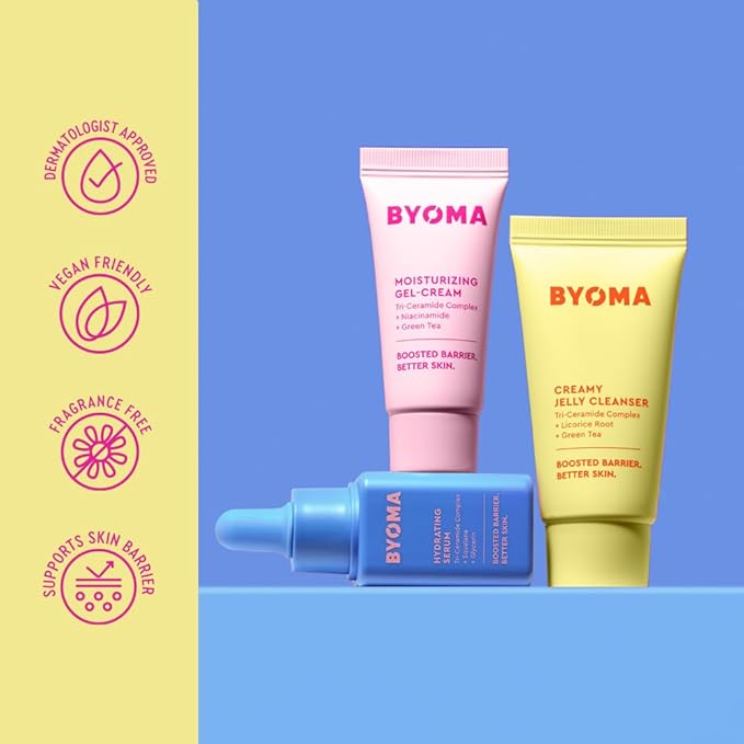 BYOMA So Hydrating Set - Barrier Repair Skincare Set - Creamy Jelly Cleanser Hydrating Face Serum &amp Ceramide Face Moisturizer for Dry Skin - Anti Wrinkle Alcohol Free Skin Care - 30ml 15ml 15m