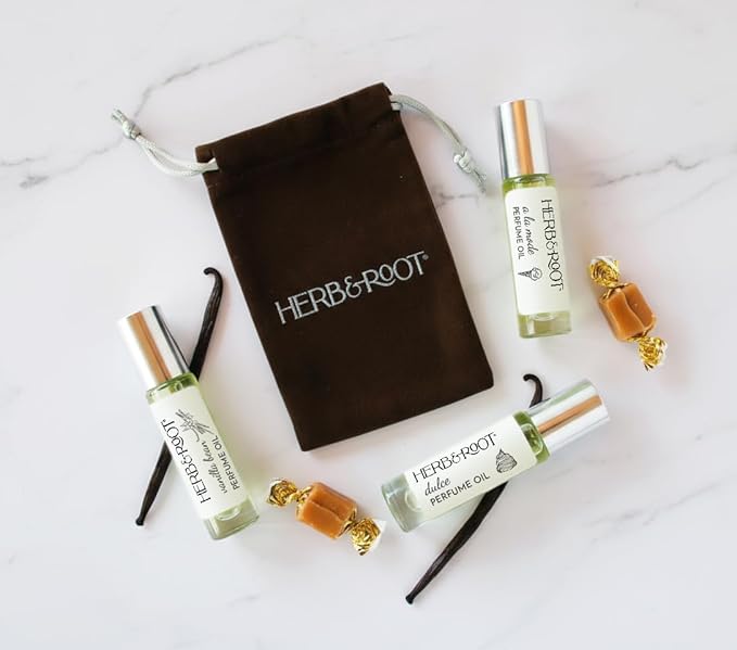 Herb &amp Root Unisex Mini Perfume Set: Aromatic Roll On Oils with Vanilla Jasmine and Citrus Notes - Travel Size for Men and Women Perfect as Hair Perfume or Mens Cologne (Gourmand)