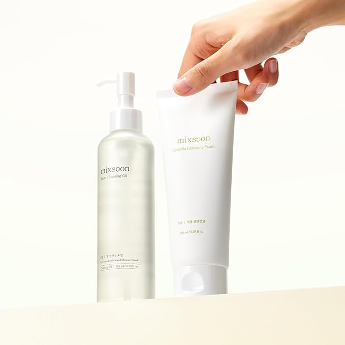 mixsoon Double Cleansing Set- 2-Step Routine Centella Foam &amp Bean Cleansing Oil Gentle Deep Clean and Hydrating Care 150ml / 5.07 fl.oz. 195ml / 6.59 fl.oz. Korean Glass Skin Care